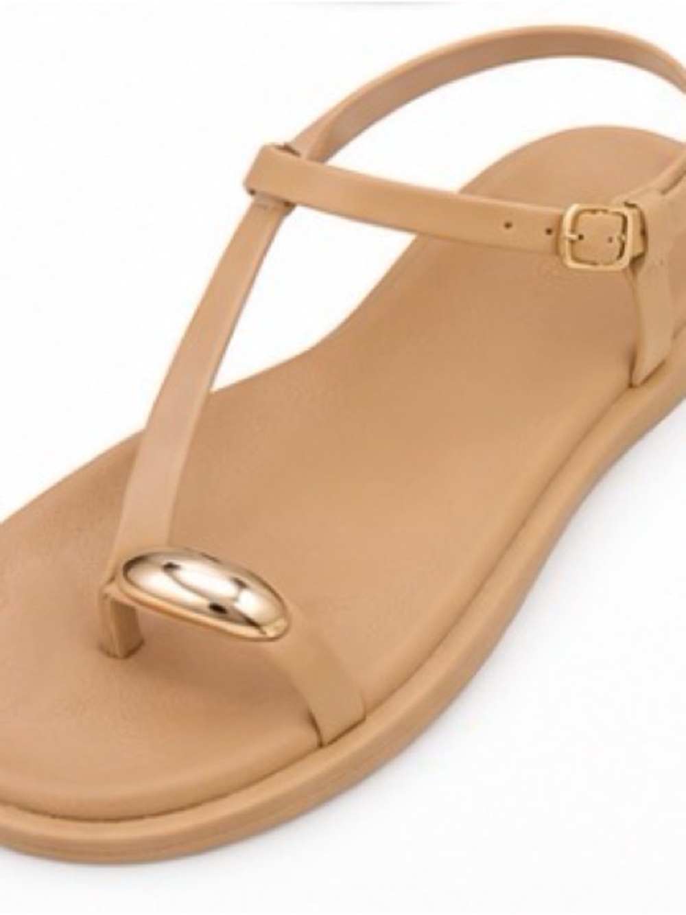 Women's Neutral T-Strap Sandal with Gold Accent